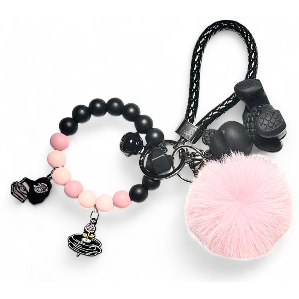Pink & Black Beaded Pom-Pom and Black Bear Keychain Wristlet - Picture 7 of 7